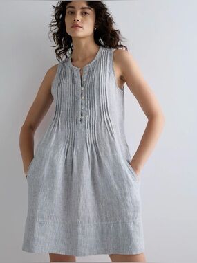 Quince 100% European Linen Sleeveless Swing Mini Dress Blue Pinstripe Sz Medium